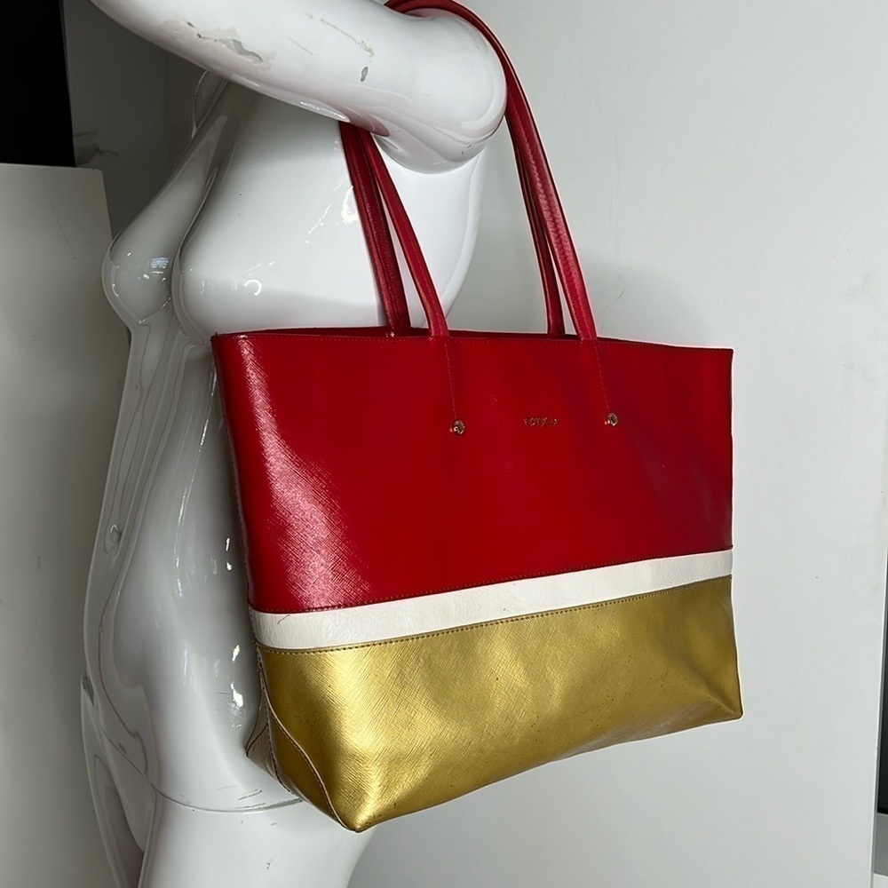Furla Melissa Leather Tote Shoulder Bag Red White Gold
